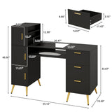 Elecwish Manicure Table Nail Desk for Nail Teck w/Glass Top &Wrist Rest, 3 Drawers + 3 Cabinets + 3 Shelves, Nail Station Desk Metal Handles & Legs, Black HO8003, view 3