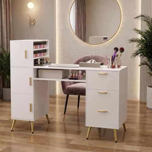 Elecwish Portable Nail Desk with Drawers White Manicure Table Nail Station with Shelves L-Shaped Salon Corner Nail Art Equipment for Nail Tech IF139