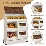 Elecwish Potato and Onion Storage Bin Large Bread Box on Wheels for Pantry, 3 Tier Bread Container Holder with Lid & Grocery Section, Ventilation Mesh, Vegetable Organization Cabinet for Kitchen, view 6