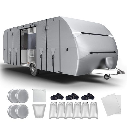 Elecwish RV Cover, Travel Trailer Cover 300D Oxford, Fits 24-27ft RV Heavy Duty, Camper Cover Waterproof, Windproof, Tearproof, with Jack Cover, 4 Tire Covers, Silver