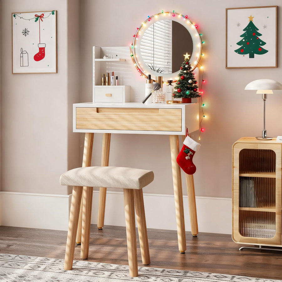 Elecwish Small Makeup Vanity Desk Set with 3 Adjustable Lighted Mirror and Storage Shelf Tiny Makeup Vanities Set with Drawer for Bedroom 24 Inch Compact Dressing Table for Mini Space IF038