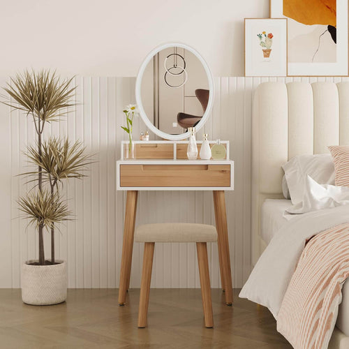 Elecwish Small Makeup Vanity Desk with Lights, Compact Vanity Desk with Adjustable Brightness Mirror for Small Spaces, Dressing Table with Drawers and Storage Shelves IF041