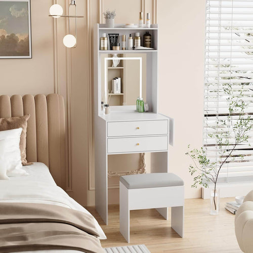 Elecwish Small Vanity Desk Set with 3 Adjustable Lighted Mirror and Storage Chair IF018