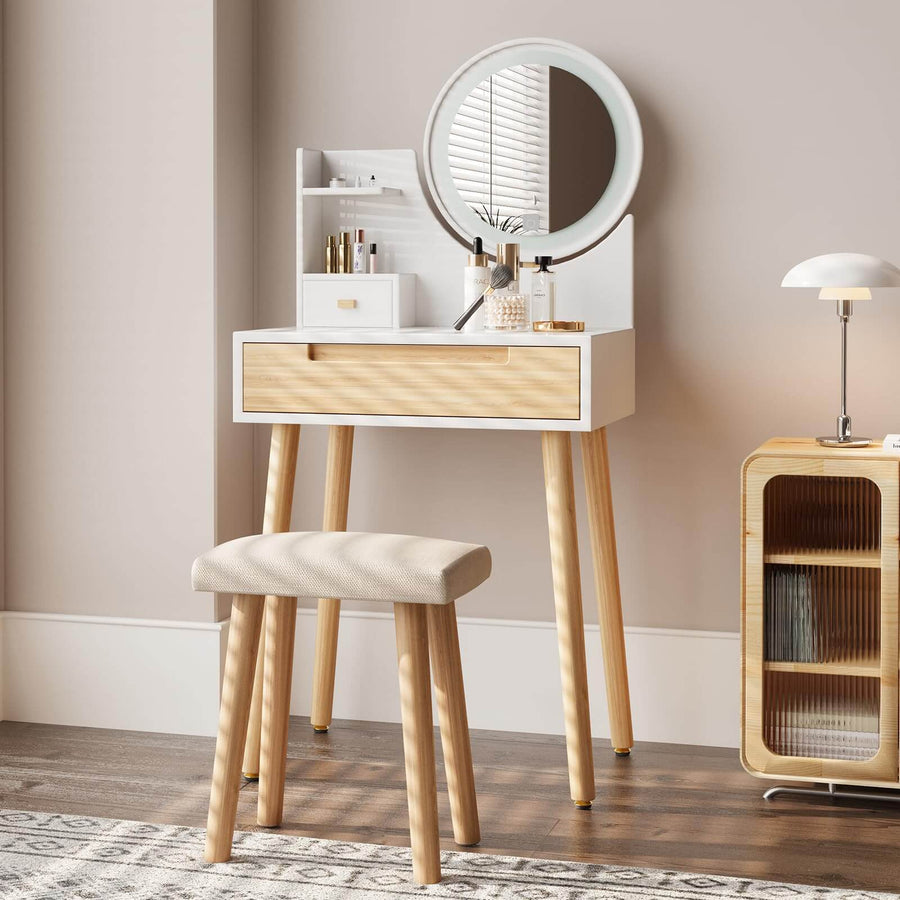 Elecwish Small Vanity Desk Set with 3 Adjustable Lighted Mirror and Storage Shelf White Tiny Makeup Vanities Set IF038