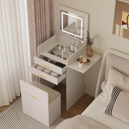 Elecwish Small Vanity Desk Set with Flip-top Mirror and Lights White Integrated 3 in 1 Makeup Vanities Set for Compact Space Mini Dressing Table with Fold-up Panel and Storage Chair for Bedroom IF120