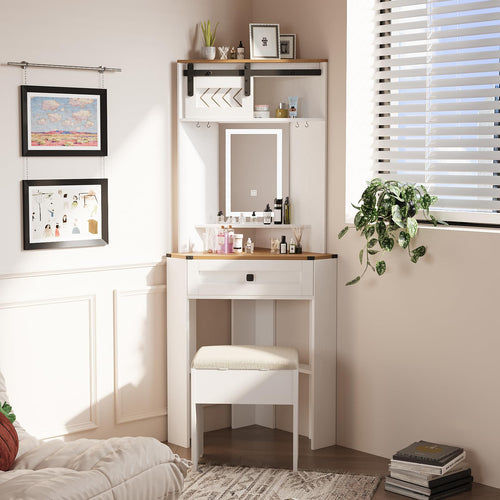 Elecwish Small Makeup Vanity Desk Set with Mirror and Lights Corner Makeup Vanity Set with Drawers for Compact Space Farmhouse White Make up Dressing Table with Storage Stool for Bedroom IF056