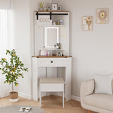 Elecwish Small Makeup Vanity Desk Set with Mirror and Lights Corner Makeup Vanity Set with Drawers for Compact Space Farmhouse White Make up Dressing Table with Storage Stool for Bedroom IF056, view 2