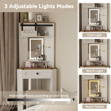 Elecwish Small Makeup Vanity Desk Set with Mirror and Lights Corner Makeup Vanity Set with Drawers for Compact Space Farmhouse White Make up Dressing Table with Storage Stool for Bedroom IF056, view 3