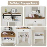 Elecwish Small Makeup Vanity Desk Set with Mirror and Lights Corner Makeup Vanity Set with Drawers for Compact Space Farmhouse White Make up Dressing Table with Storage Stool for Bedroom IF056, view 4