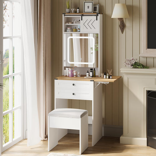 Elecwish Farmhouse Small Vanity Desk Set with Mirror Cabinet Compact Makeup Vanities Set with 3 Adjustable Lights and Storage Chair for Compact Space, Gray Dressing Table with Fold-up Panel IF049