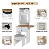 Elecwish Farmhouse Small Vanity Desk Set with Mirror Cabinet Compact Makeup Vanities Set with 3 Adjustable Lights and Storage Chair for Compact Space, Gray Dressing Table with Fold-up Panel IF049, view 4