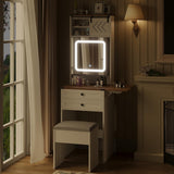 Elecwish Farmhouse Small Vanity Desk Set with Mirror Cabinet Compact Makeup Vanities Set with 3 Adjustable Lights and Storage Chair for Compact Space, Gray Dressing Table with Fold-up Panel IF049, view 6