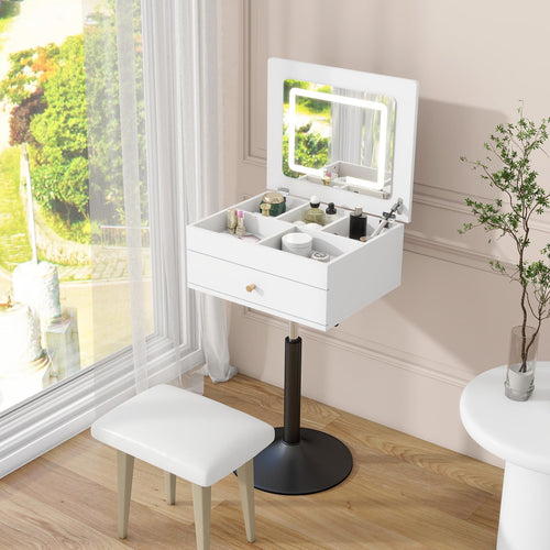 Elecwish Small Vanity Desk with Adjustable Height Rotating 3 in 1 Flip Top Makeup Vanity with Mirror and Lights Mini Corner White Dressing Table for Bedroom IF181