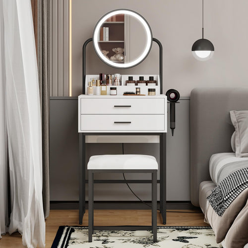 Elecwish Small Vanity Desk with Mirror and Lights Compact Makeup Vanity Set with Drawers for Bedroom Mini White Modern Dressing Table with Stool IF095