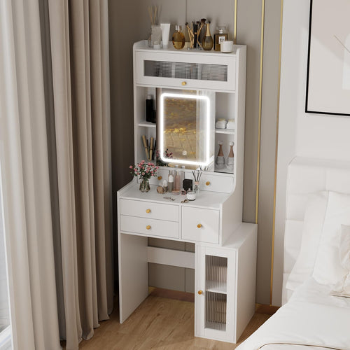 Elecwish Small Vanity Desk with Sliding Mirror and Lights White Makeup Vanities Set with Drawers Compact Dressing Table with Cabinet and Adjustable Shelves for Bedroom IF099