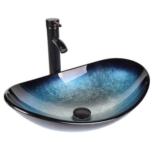 Elecwish Stylish Oval Glass Basin Ocean-Blue & Silver Green GB0005