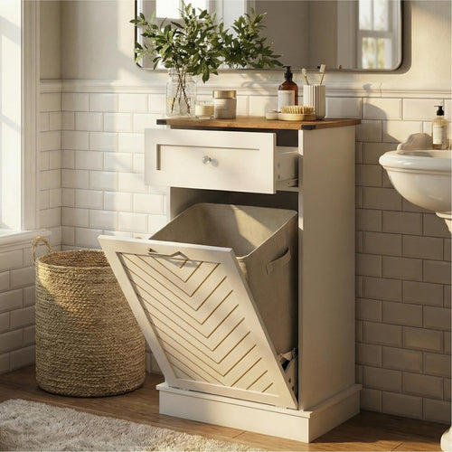 Elecwish Tilt-Out Laundry Hamper Cabinet, 10 Gallon Herringbone Trash Can Cabinet with Drawer, Hidden Garbage Can Cabinets, Free Standing for Bathroom & Kitchen