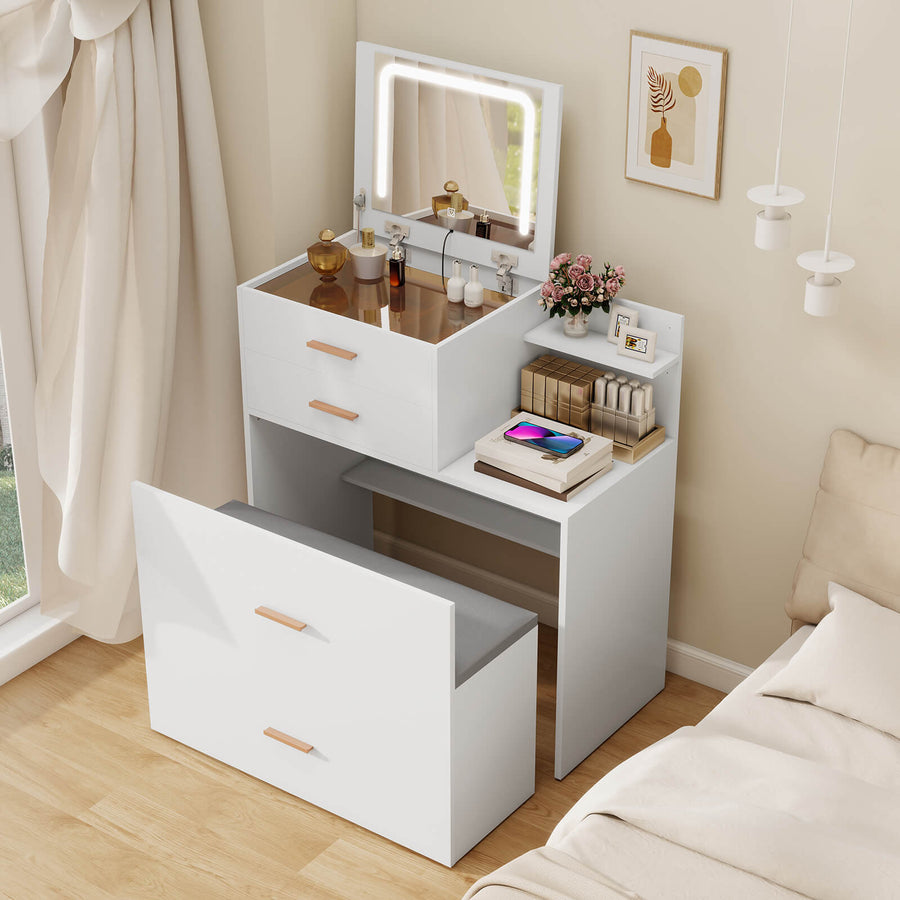 Elecwish Vanity Desk with Flip Top Mirror and Lights White 3 in 1 Night Stand Make up Vanities Set for Women Dressing Table for Bedroom with Storage Stool IF162