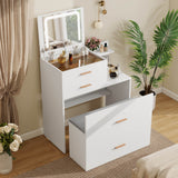 Elecwish Vanity Desk with Flip Top Mirror and Lights White 3 in 1 Night Stand Make up Vanities Set for Women Dressing Table for Bedroom with Storage Stool IF162, view 3