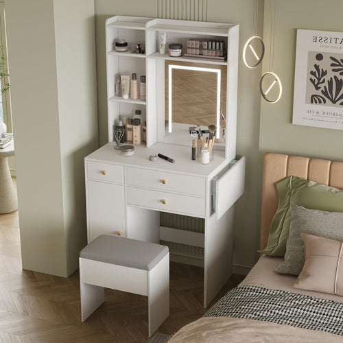 Elecwish Vanity Desk with Mirror and Lights White Makeup Vanity Set with Storage Chair Dressing Table with Drawer and Fold-up Panel for Bedroom IF090