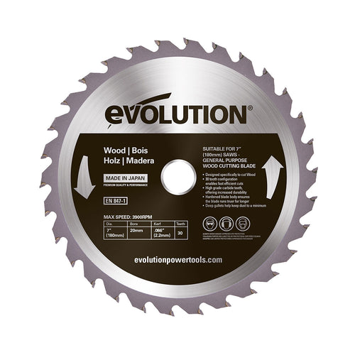 Evolution Power Tools Evolution 180BLADEWD | 7 in. | 30T | 20mm Arbor | Standard Course-Cutting Rip TCT Blade For Wood