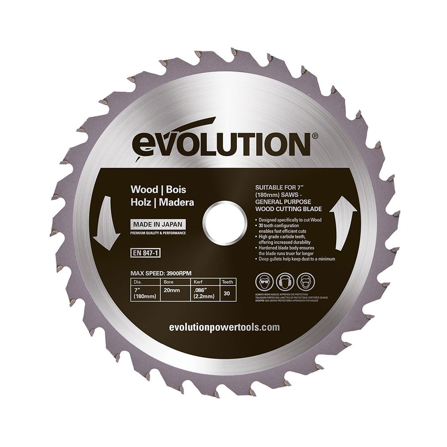 Evolution Power Tools Evolution 180BLADEWD | 7 in. | 30T | 20mm Arbor | Standard Course-Cutting Rip TCT Blade For Wood