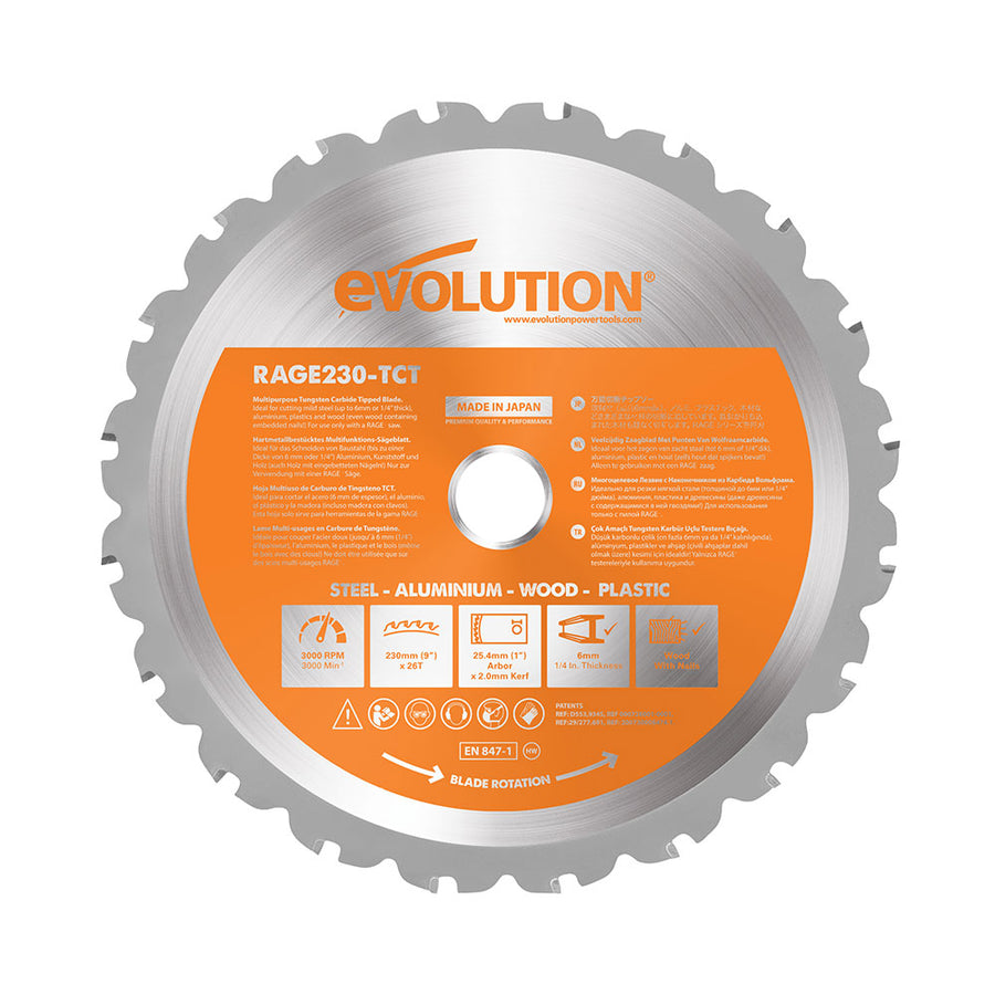 Evolution Power Tools Evolution RAGE230BLADE | 9 in. | 26T | 1 in. Arbor | Multi-Material TCT Blade