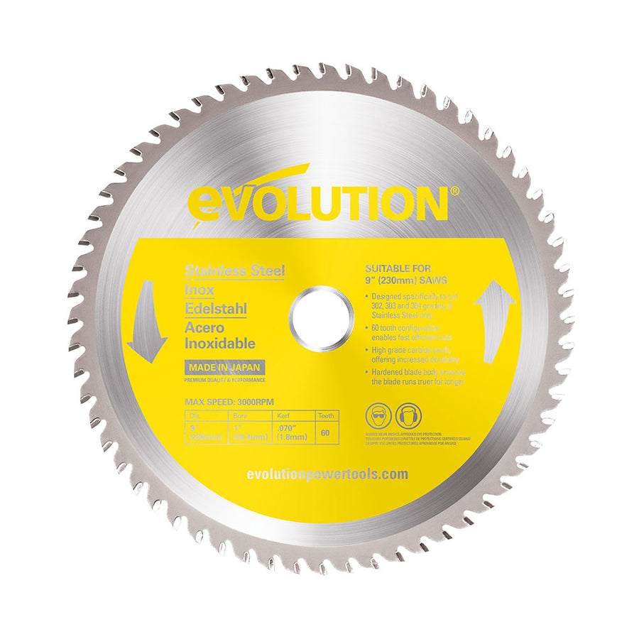 Evolution Power Tools Evolution 230BLADESSN | 9 in. | 60T | 1 in. Arbor | Stainless Steel TCT Blade