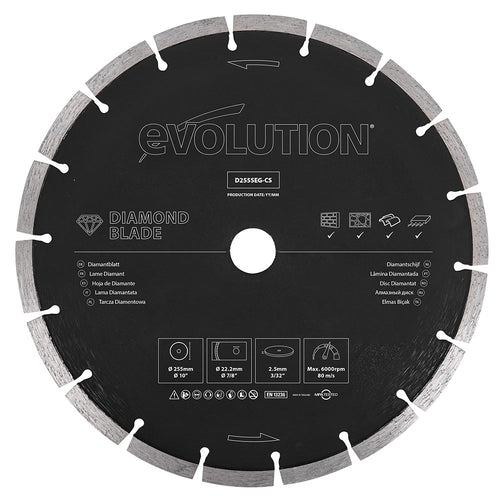 Evolution Power Tools Evolution D255SEG-CS | 10 in. | Segmented Edge | 7/8 in. Arbor | Concrete, Stone, Brick Cutting Diamond Blade