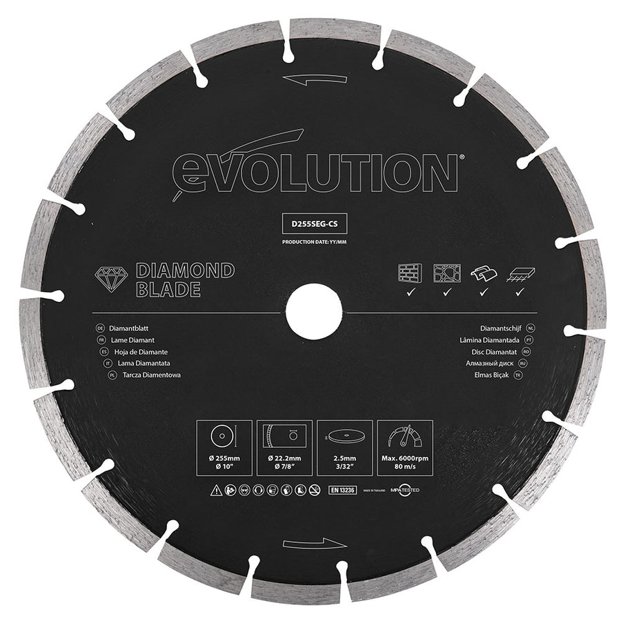 Evolution Power Tools Evolution D255SEG-CS | 10 in. | Segmented Edge | 7/8 in. Arbor | Concrete, Stone, Brick Cutting Diamond Blade