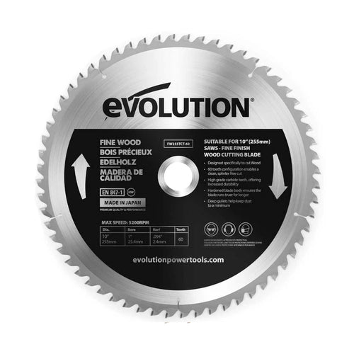 Evolution Power Tools Evolution FW255TCT-60 | 10 in. | 60T | 1 in. Arbor | Fine Wood TCT Blade