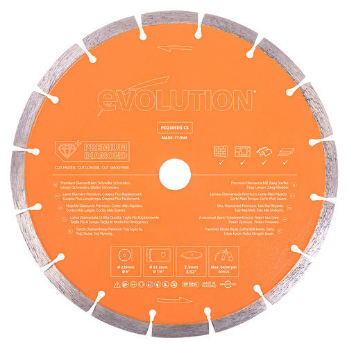 Evolution Power Tools Evolution PD230SEG-CS | 9 in. | 7/8 in. Arbor | High Diamond Concentration | Segmented Premium Diamond Blade