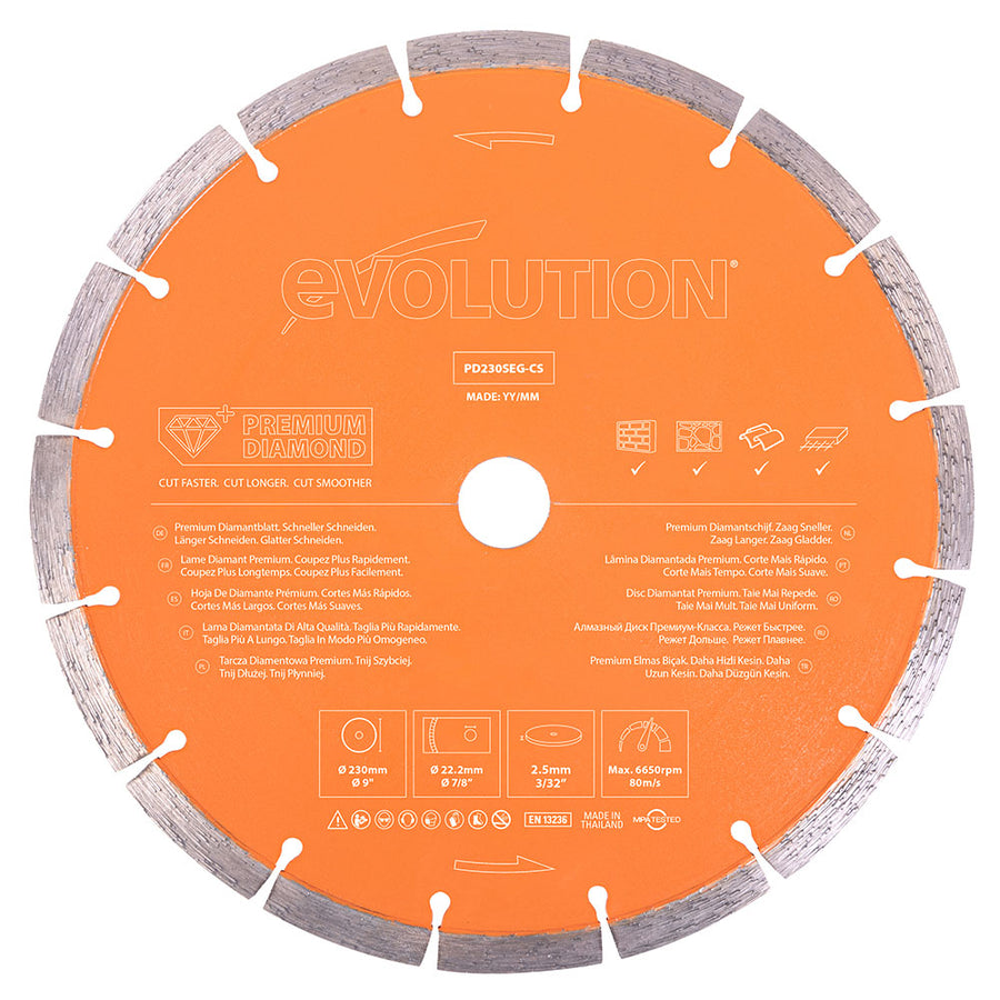 Evolution Power Tools Evolution PD230SEG-CS | 9 in. | 7/8 in. Arbor | High Diamond Concentration | Segmented Premium Diamond Blade