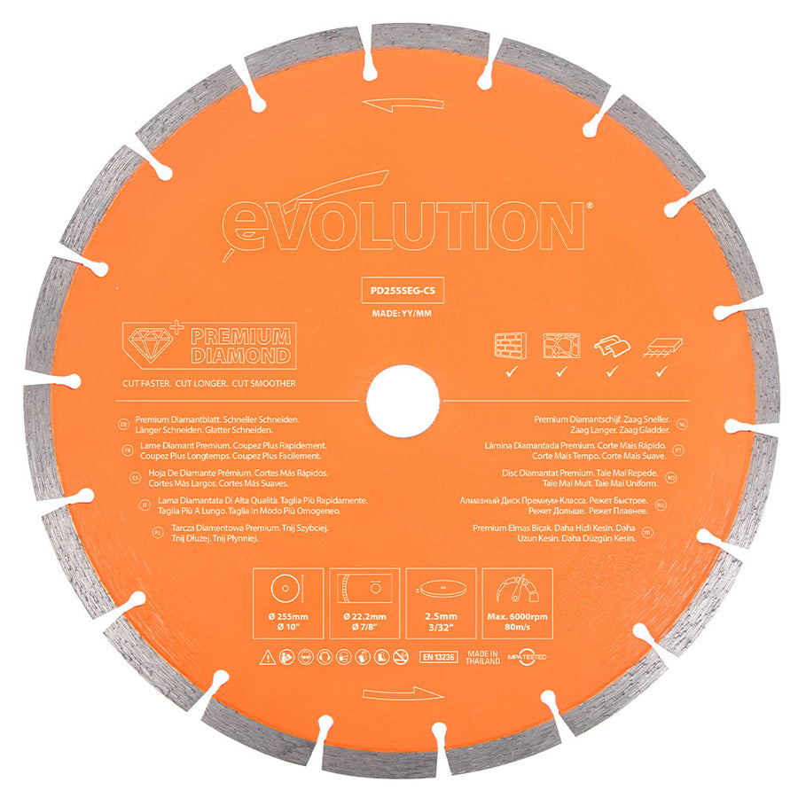 Evolution Power Tools Evolution PD255SEG-CS | 10 in. | 7/8 in Arbor | High Diamond Concentration | Segmented Premium Diamond Blade