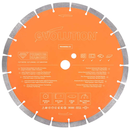 Evolution Power Tools Evolution PD300SEG-CS2 | 12 in. | 1 in. Arbor | High Diamond Concentration | Segmented Premium Diamond Blade