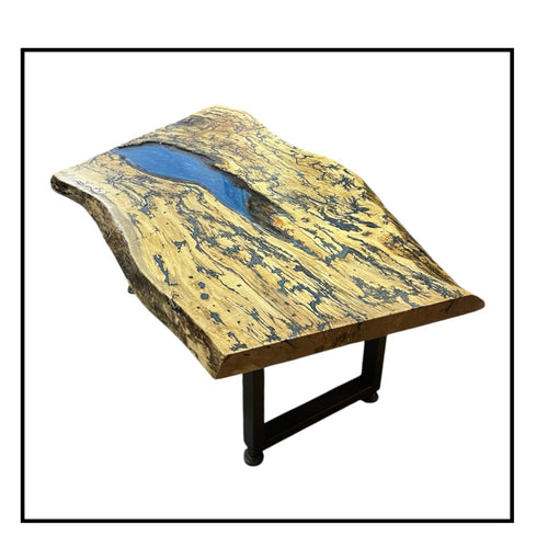 Foxcreek Baskets Ambrosia maple River table with Blue epoxy.