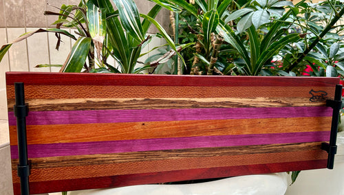 Foxcreek Baskets Charcuterie Board- Exotic Wood Stripe with industrial black metal handles