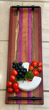 Foxcreek Baskets Charcuterie Board- Exotic Wood Stripe with industrial black metal handles, view 2
