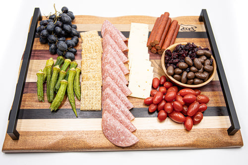 Foxcreek Baskets Charcuterie Board-Exotic Wood Stripes w/handle