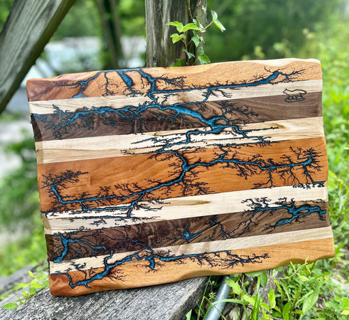 Foxcreek Baskets Charcuterie Board- Walnut, Cherry, Maple, Mahogany Fractal Burnt filled with Blue Eopxy