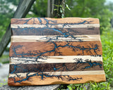 Foxcreek Baskets Charcuterie Board- Walnut, Cherry, Maple, Mahogany Fractal Burnt filled with Blue Eopxy, view 2