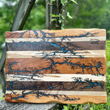 Foxcreek Baskets Charcuterie Board- Walnut, Cherry, Maple, Mahogany Fractal Burnt filled with Blue Eopxy, view 3
