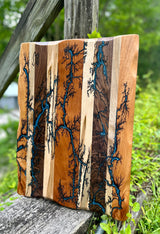 Foxcreek Baskets Charcuterie Board- Walnut, Cherry, Maple, Mahogany Fractal Burnt filled with Blue Eopxy, view 4