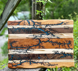 Foxcreek Baskets Charcuterie Board- Walnut, Cherry, Maple, Mahogany Fractal Burnt filled with Blue Eopxy, view 6