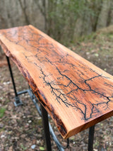 Foxcreek Baskets Console Table- Fractal Burn Patagonian Rosewood with Live edge and metal powder coated frame with scrollwork, view 2