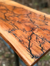 Foxcreek Baskets Console Table- Fractal Burn Patagonian Rosewood with Live edge and metal powder coated frame with scrollwork, view 3