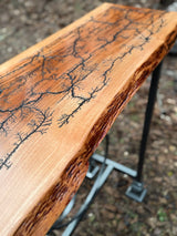 Foxcreek Baskets Console Table- Fractal Burn Patagonian Rosewood with Live edge and metal powder coated frame with scrollwork, view 4