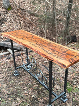 Foxcreek Baskets Console Table- Fractal Burn Patagonian Rosewood with Live edge and metal powder coated frame with scrollwork, view 5