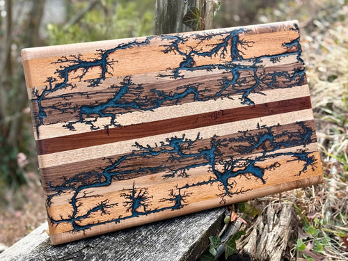 Foxcreek Baskets Cutting board-16x22 Large Stripe with fractal burn and blue epoxy