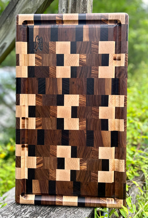 Foxcreek Baskets Cutting Board- Dark Exotic Woods End Grain with Walnut, Zebra, Wenge, and Maple Woods with Blood Trail